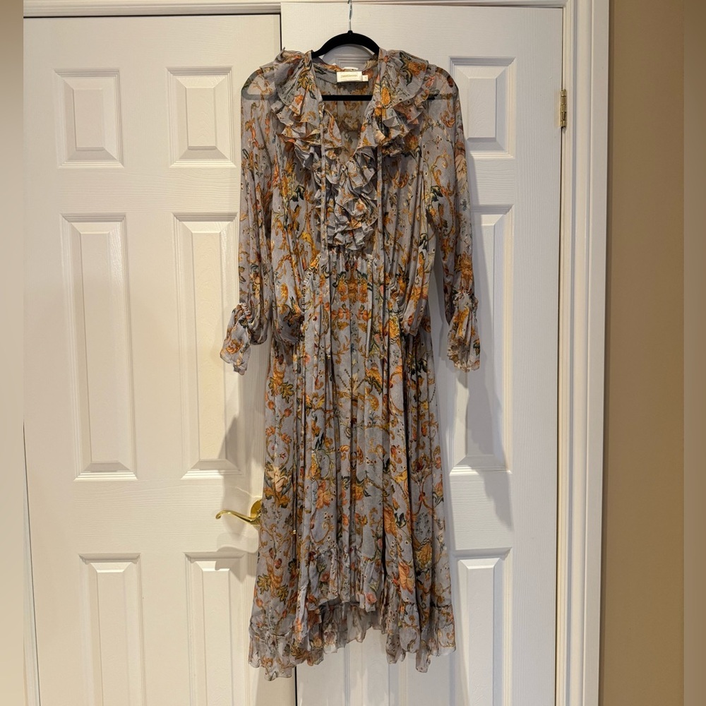 Zimmermann Ruffled Floral Maxi Dress in Light Gray/Lavender and Mustard